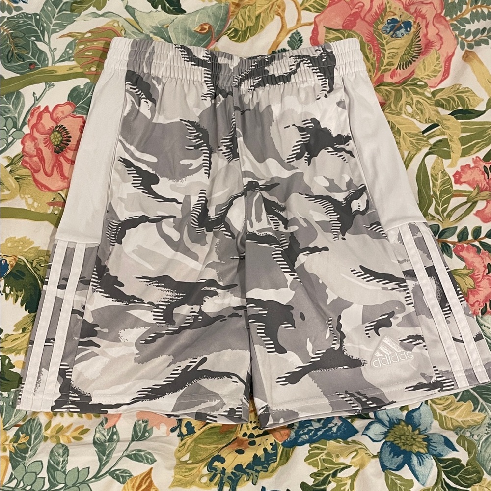 Adidas Kid’s White and Gray Camo Athletic Shorts